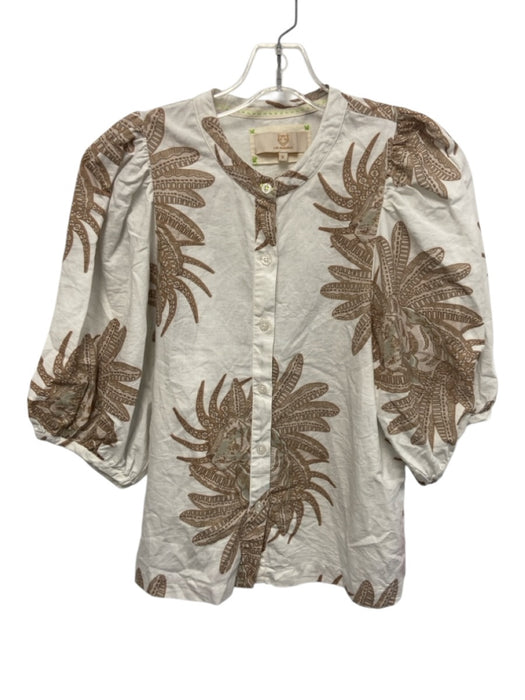 Las Surenas Size Sample White, Brown, Green Linen Half Puff Sleeve Floral Top White, Brown, Green / Sample