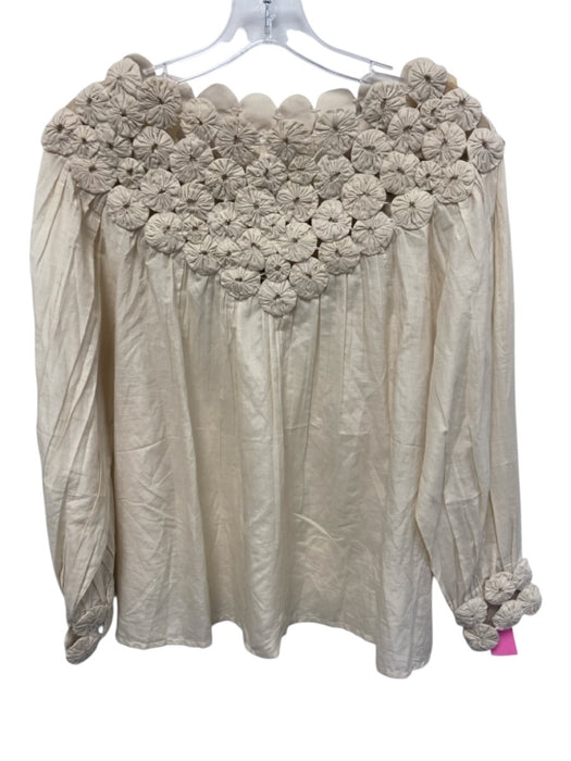 Mirth Size Small Beige Cotton & Silk Long Sleeve Scrunched Boat Neck Top Beige / Small