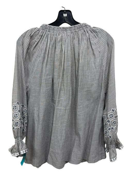 Rungolee Size XS Gray & White Cotton Striped Embroidered Long Sleeve Top Gray & White / XS