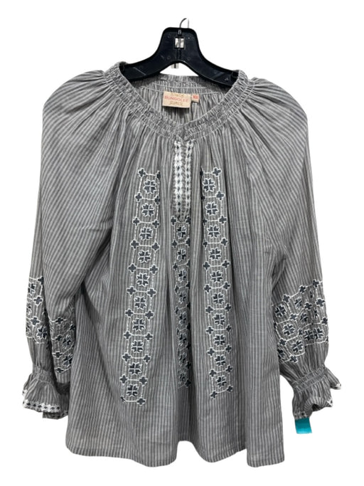 Rungolee Size XS Gray & White Cotton Striped Embroidered Long Sleeve Top Gray & White / XS