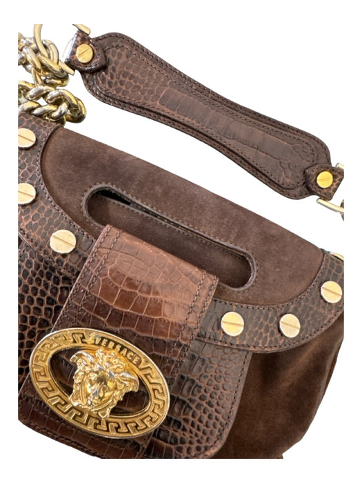 Versace Brown & Gold Suede Embossed Detail Shoulder Bag Gold Hardware Medusa Bag Brown & Gold / S