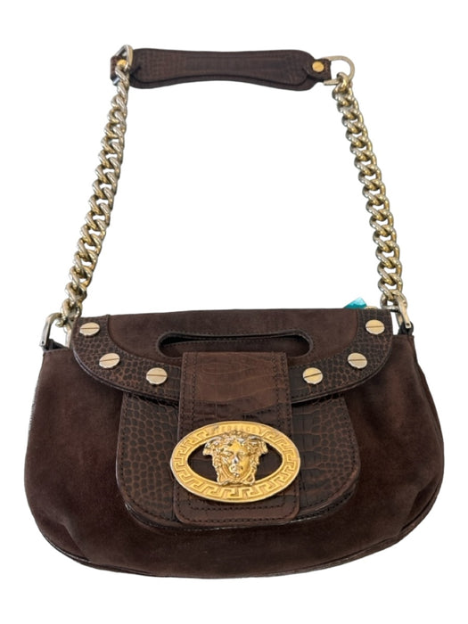 Versace Brown & Gold Suede Embossed Detail Shoulder Bag Gold Hardware Medusa Bag Brown & Gold / S