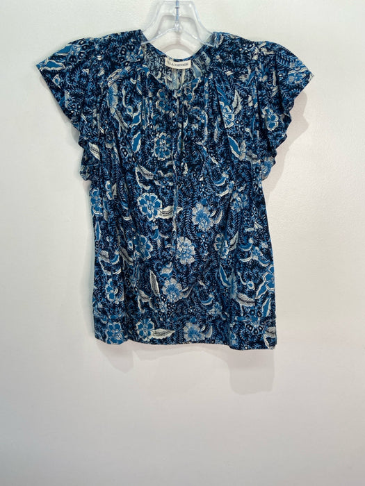 Ulla Johnson Size 0 Blue Cotton & Rayon Paisley Print Ruffle Cap Sleeve Top