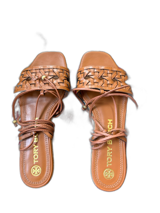 Tory Burch Shoe Size 7 Brown Leather Basket Weave Ankle Tie Square Toe Sandals Brown / 7