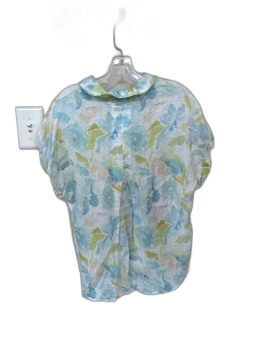 Bella Dahl Size M Blue & Yellow Linen Short Sleeve Water Color Button Down Top Blue & Yellow / M