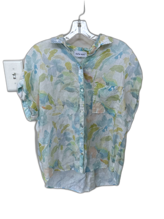 Bella Dahl Size M Blue & Yellow Linen Short Sleeve Water Color Button Down Top Blue & Yellow / M