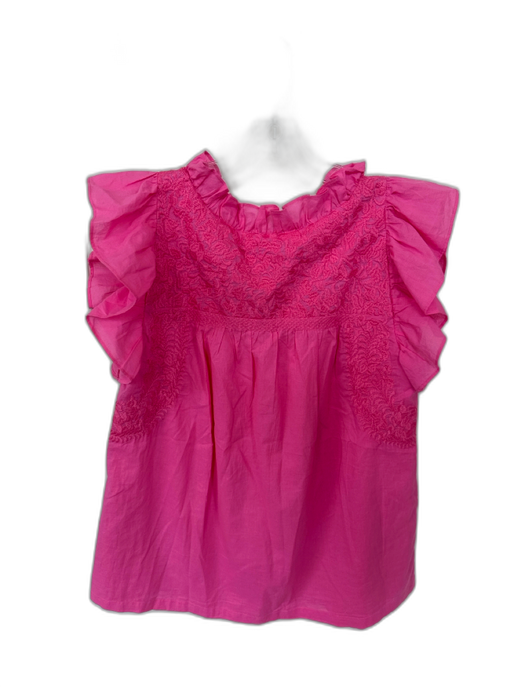 J. Marie Size S Pink Cotton Flutter Sleeves Embroidered Ruffle collar Top Pink / S