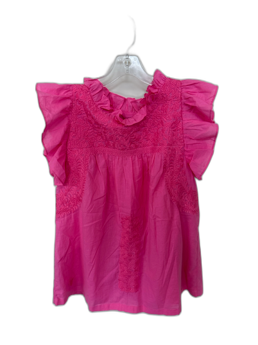 J. Marie Size S Pink Cotton Flutter Sleeves Embroidered Ruffle collar Top Pink / S