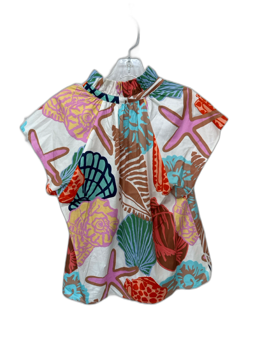 Crosby Size M White & Multi Cotton Blend Cap Sleeve sea shell Ruffle collar Top White & Multi / M
