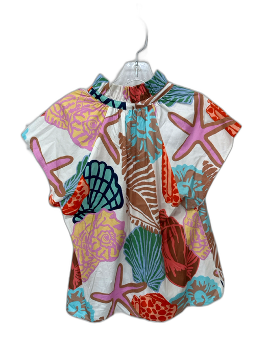 Crosby Size M White & Multi Cotton Blend Cap Sleeve sea shell Ruffle collar Top White & Multi / M