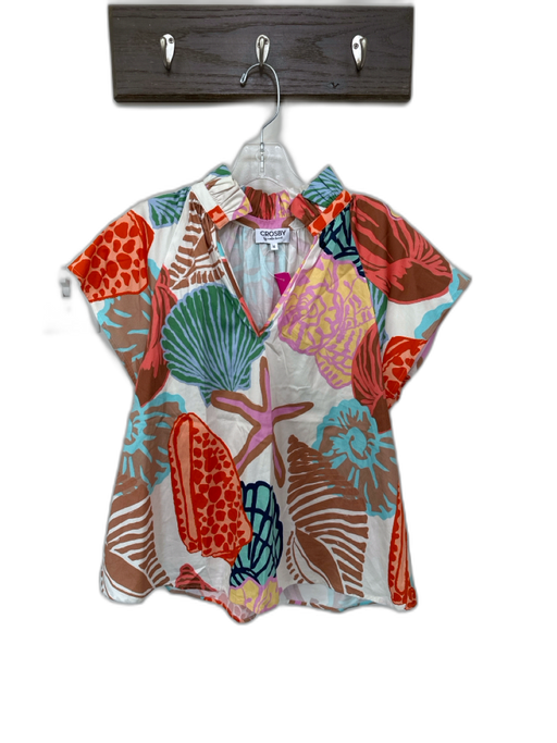 Crosby Size M White & Multi Cotton Blend Cap Sleeve sea shell Ruffle collar Top White & Multi / M