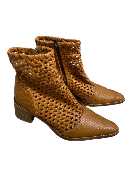 Free People Shoe Size 39 Tan Leather Pointed Toe Stacked Heel Woven Detail Boots Tan / 39