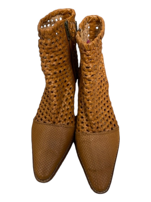 Free People Shoe Size 39 Tan Leather Pointed Toe Stacked Heel Woven Detail Boots Tan / 39