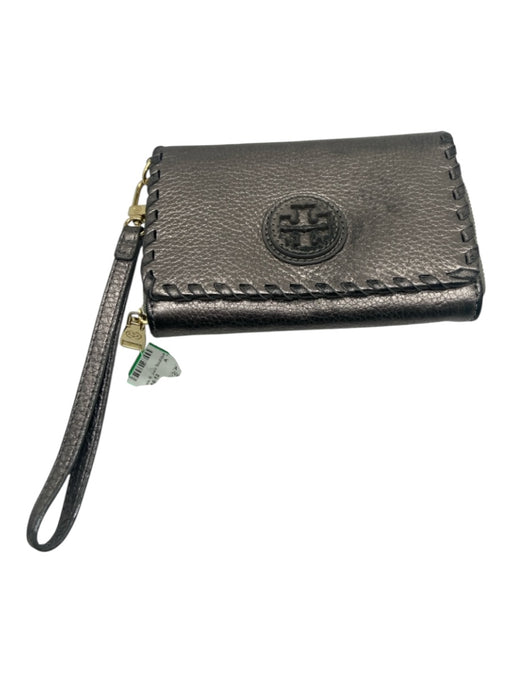 Tory Burch Silver Leather Pebbled Logo GHW Zip Close Wallets Silver