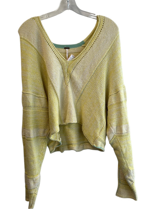 Free People Size S Yellow Cotton Blend Wide V Neck Long Sleeve Knit Sweater Yellow / S