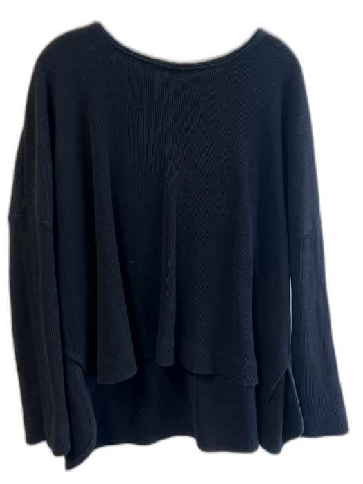 Anthropologie Size L Black Cotton Long Sleeve Scoop Neck Raw Hem Waffle Top Black / L