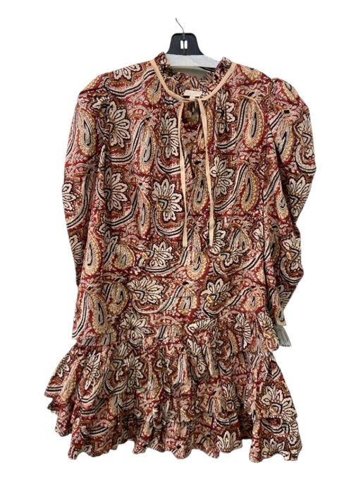 Anna Cate Size Medium Red, Brown & Tan Cotton All Over Print Ruffle Trim Dress Red, Brown & Tan / Medium