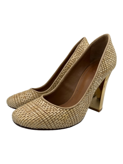 Tory Burch Shoe Size 7.5 Beige & Gold Woven Straw round toe Gold Heel Pumps Beige & Gold / 7.5