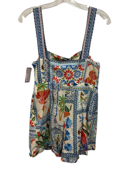 Farm Rio Size M Blue, Red, Multi Cotton Sleeveless Floral & Birds Cuffed Romper Blue, Red, Multi / M