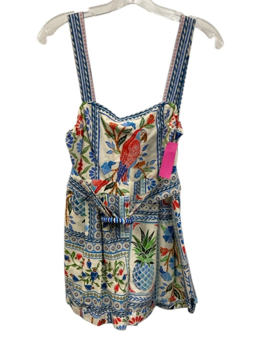 Farm Rio Size M Blue, Red, Multi Cotton Sleeveless Floral & Birds Cuffed Romper Blue, Red, Multi / M