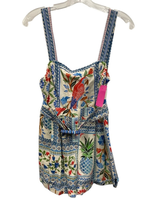 Farm Rio Size M Blue, Red, Multi Cotton Sleeveless Floral & Birds Cuffed Romper Blue, Red, Multi / M