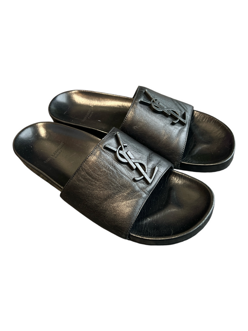 Yves Saint Laurent Shoe Size 7.5 Black Leather Logo Wide Strap Flat Slide Shoes Black / 7.5