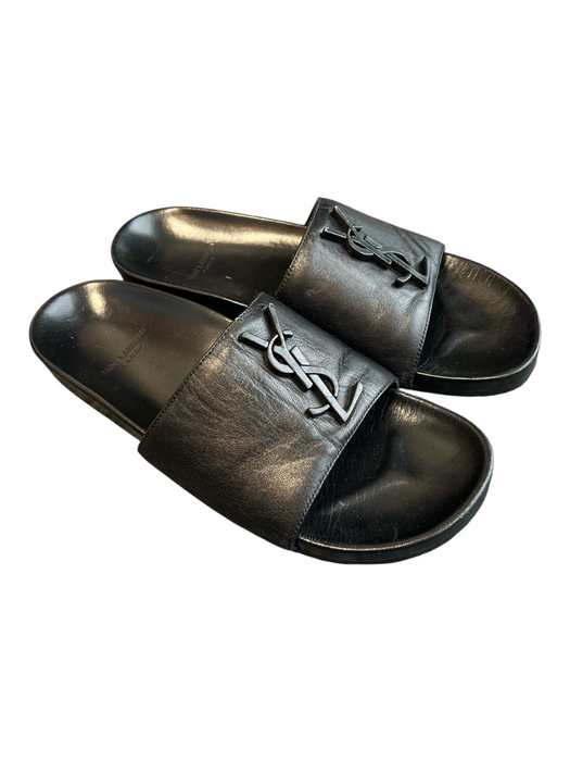Yves Saint Laurent Shoe Size 7.5 Black Leather Logo Wide Strap Flat Slide Shoes Black / 7.5