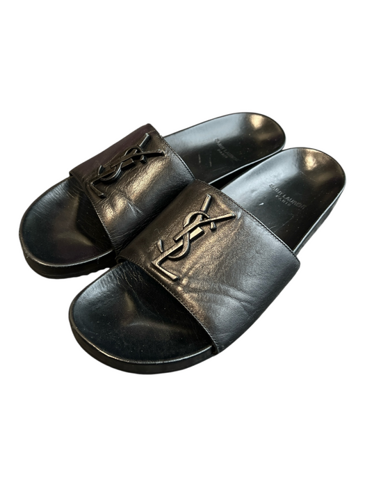 Yves Saint Laurent Shoe Size 7.5 Black Leather Logo Wide Strap Flat Slide Shoes Black / 7.5