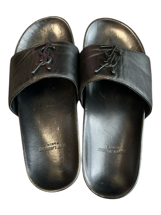 Yves Saint Laurent Shoe Size 7.5 Black Leather Logo Wide Strap Flat Slide Shoes Black / 7.5