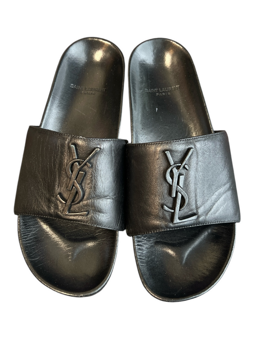 Yves Saint Laurent Shoe Size 7.5 Black Leather Logo Wide Strap Flat Slide Shoes Black / 7.5