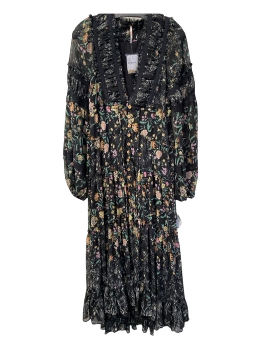 Free People Size S Black & Multi Polyester Button Up Long Sheer Sleeve Dress Black & Multi / S