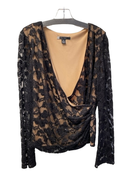 JS Boutique Size XL Black & Tan Polyester Wrap Deep V neck Lace Overlay Top Black & Tan / XL
