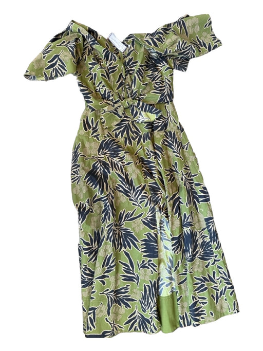 Tanya Taylor Size 8 Green & Tan Cotton Short Sleeve V Neck leaves Maxi Dress Green & Tan / 8