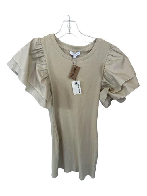 Miou Muse Size M Tan Cotton Flutter Sleeves Ribbed Mini Dress Tan / M