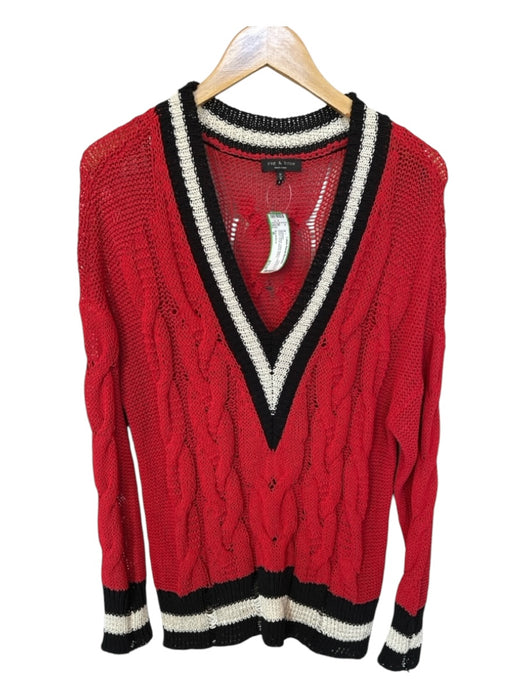 Rag & Bone Size M Red & Black Cotton Blend Loose Knit V Neck Long Sleeve Sweater Red & Black / M