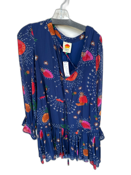 Farm Rio Size M Navy & Multi Viscose Long Balloon Sleeve stars Dress Navy & Multi / M