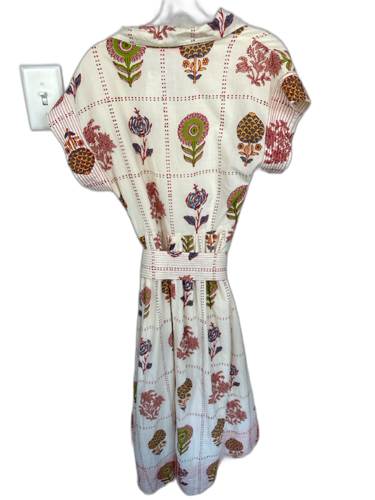 Oliphant Size S Cream & Multi Cotton Short Sleeve Flowers Button Down Dress Cream & Multi / S