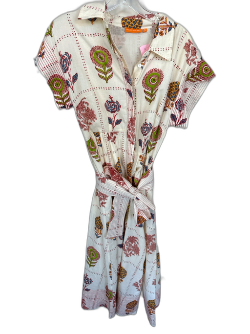 Oliphant Size S Cream & Multi Cotton Short Sleeve Flowers Button Down Dress Cream & Multi / S
