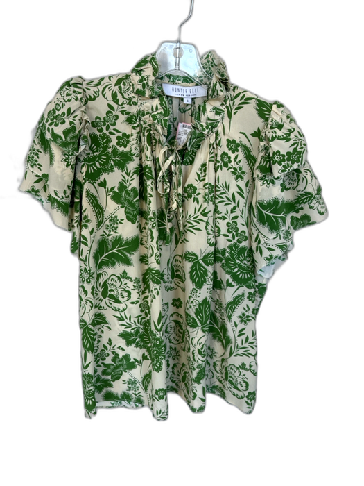 Hunter Bell Size S Green & Tan Silk Blend Short Sleeve Flowers Ruffles Top Green & Tan / S