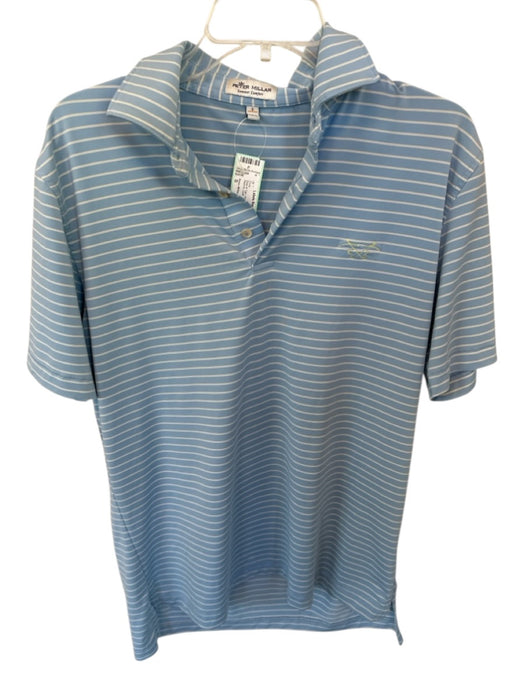 Peter Millar Size S Blue & Tan Poly Blend Striped Golf Men's Polo Blue & Tan / S