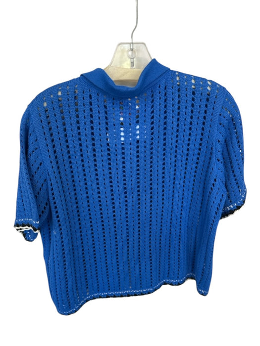 De Loreta Size M Blue & White Cotton Short Sleeve Crochet Collar Sweater Blue & White / M