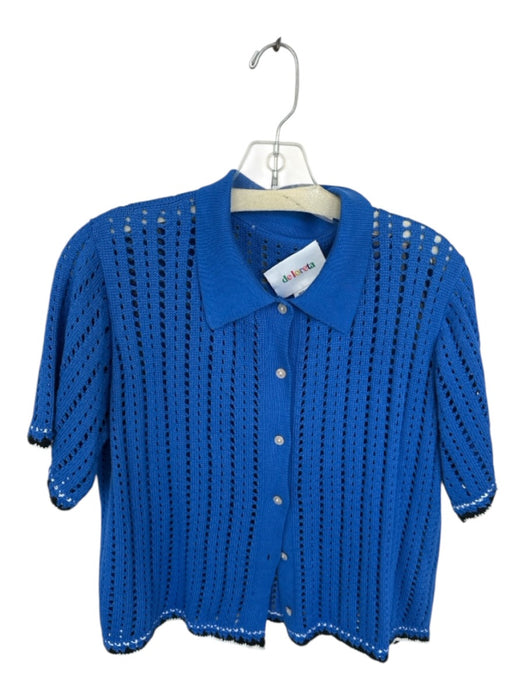 De Loreta Size M Blue & White Cotton Short Sleeve Crochet Collar Sweater Blue & White / M