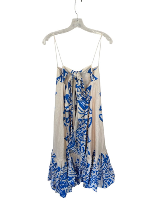 Alexis Size M Cream & Blue Linen Blend Spaghetti Strap Floral Belted Maxi Dress Cream & Blue / M