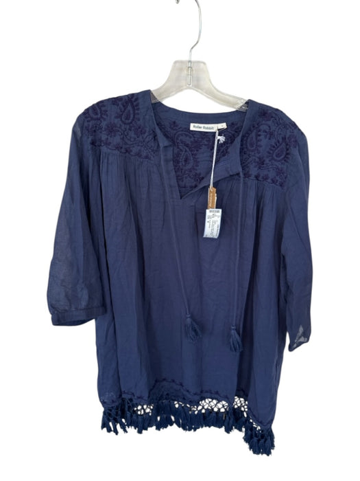 Roller Rabbit Size M Navy Cotton Long Sleeve Embroidered Tassels Dress Navy / M