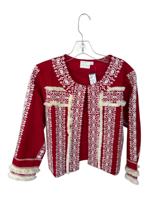 Julia Amory Size M Red & White Cotton Embroidered Fringe Hook & Eye Jacket Red & White / M
