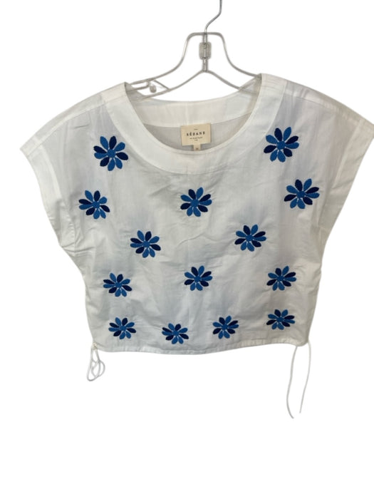 Sezane Size 38 White & Blue Cotton Cap Sleeve Embroidered Flowers Boxy Top White & Blue / 38