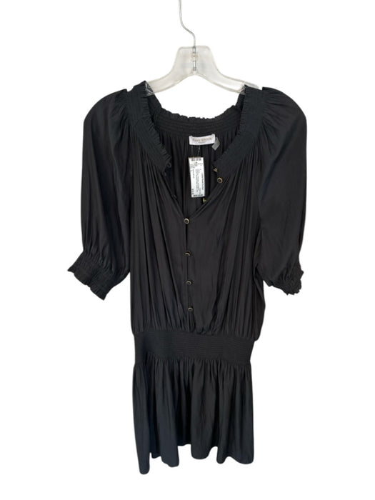 Ramy Brook Size L Charcoal Polyester Short Balloon Sleeve Smocked Waist Dress Charcoal / L