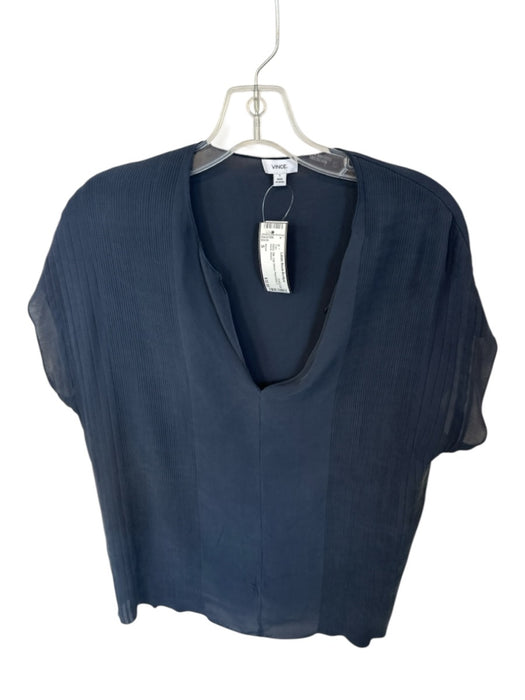 Vince Size S Navy Silk Cap Sleeve Pleat Detail V Neck Top Navy / S