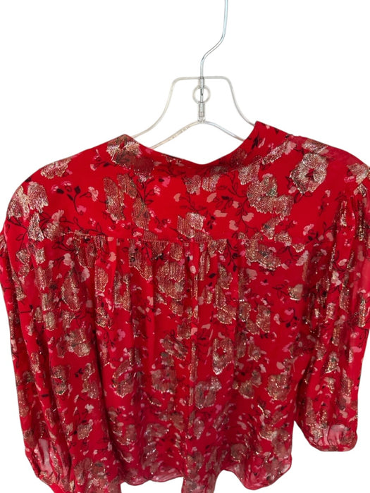 BA & SH Size L Red & Gold Silk Blend Long Sleeve Flowers Metallic Top Red & Gold / L