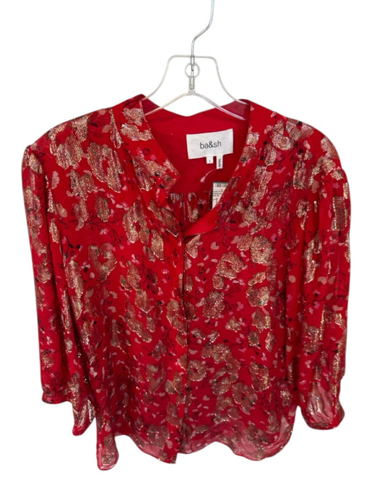 BA & SH Size L Red & Gold Silk Blend Long Sleeve Flowers Metallic Top Red & Gold / L